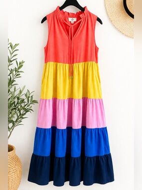 Entro Colorblock Tiered Midi Dress Medium Sleeveless Ruffle Neck Pockets Bright